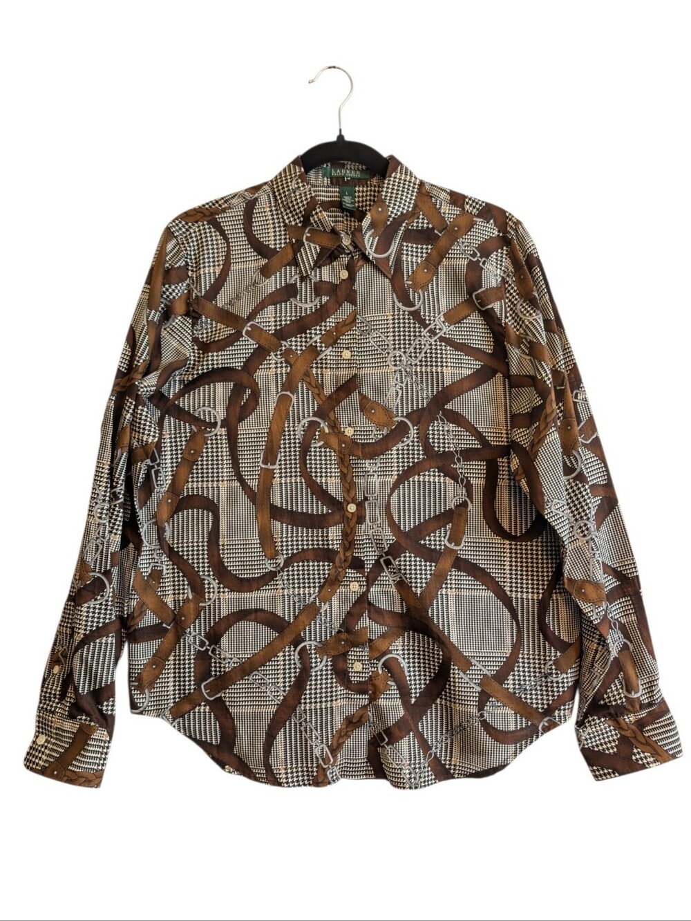 Lauren Ralph Lauren Equestrian Houndstooth Button Down Blouse Size Large Brown